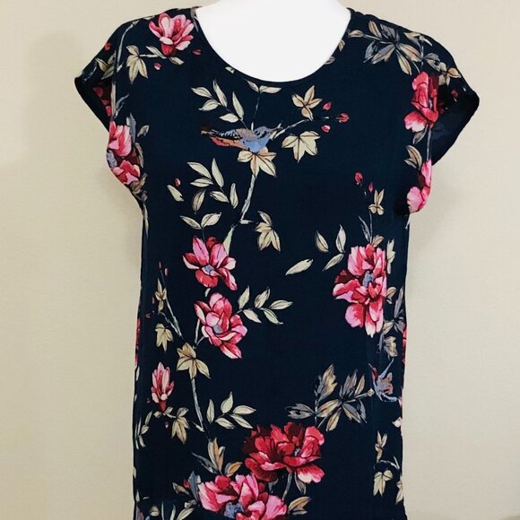 Joie Dresses & Skirts - JOIE Silk Dress Navy Pink Floral Flounce Hem Flowy Size S